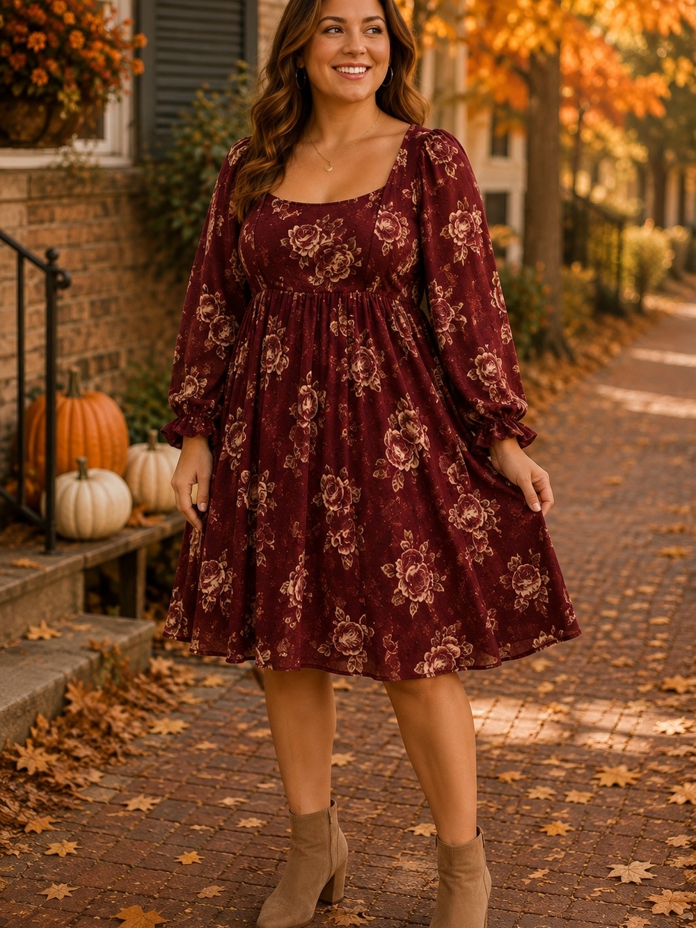 Square Neck Floral Mini Dress in Burgundy - Women